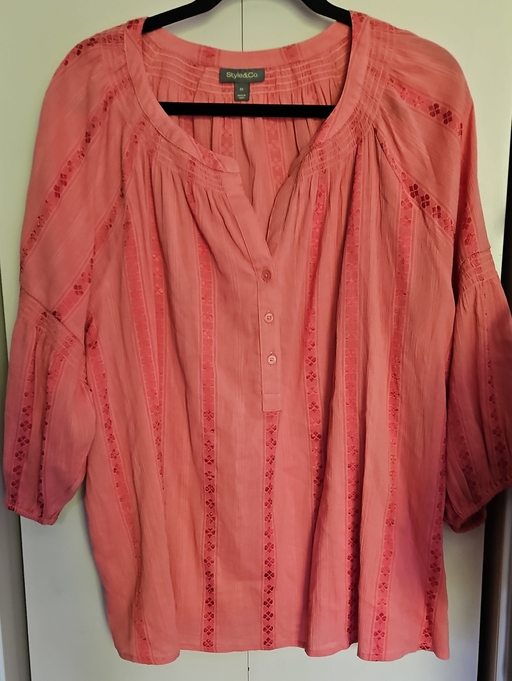 Style & Co. Coral Pink Embroidered Peasant Tunic Sz2X Ptp 30 L28